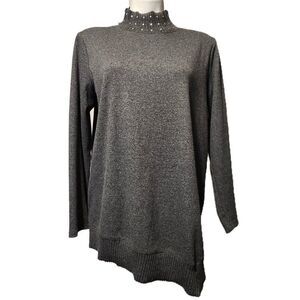 Rafaella gray sweater Women's medium Embellished neck Asymmetrical Winter warm